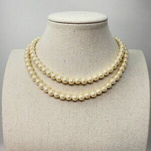 Vintage Double Strand Imitation Pearl Choker Necklace Gold-Tone‎ Classic Retro